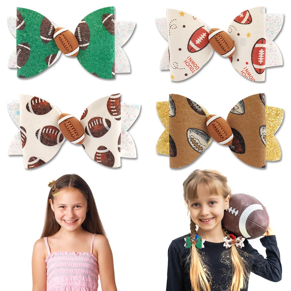4 Pack American Football Hair Bows Clips Football Bowknot Hair Clips Glitter Faux Leather Boutique Hair Pins Accessories for Girls Women Super Bowl Party Sports Game Costume Hair Accessories Supplies