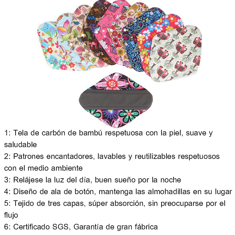BOMAIS Paquete de 6 almohadillas menstruales de tela impermeable reutilizable de carbón de bambú — view 5