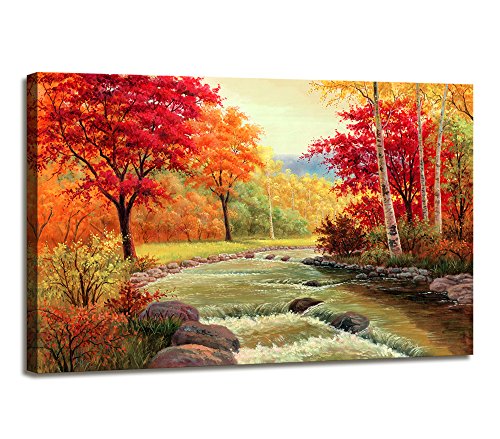 Moyedecor Art - Autumn Red Trees Forest Mountain Waterfall Canvas Print Paintings for Wall and Home Décor Office Gifts Art Ready to Hang(Size:30