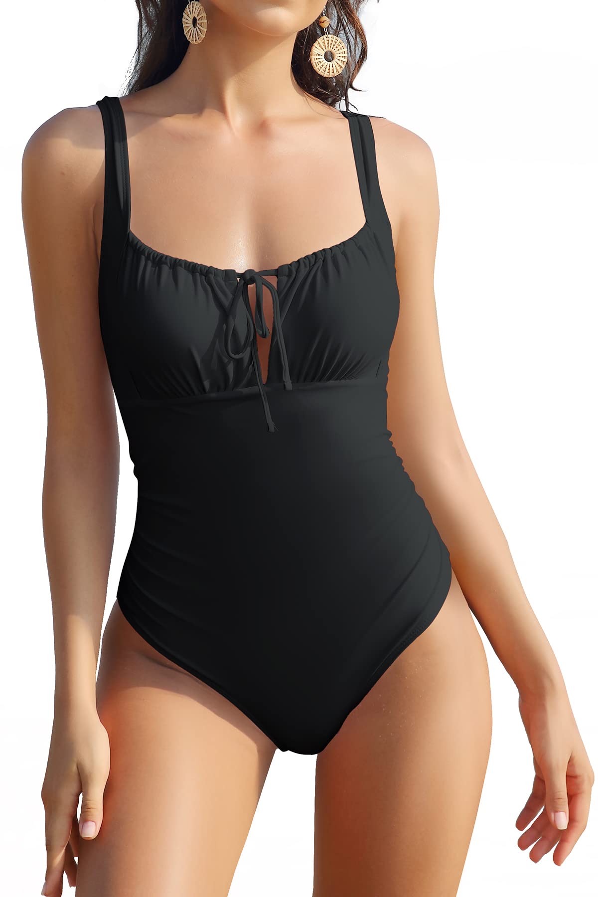Women's Retro Drawstring Cutout one Piece Swimsuit Front Tie Ruched Bathing Suit