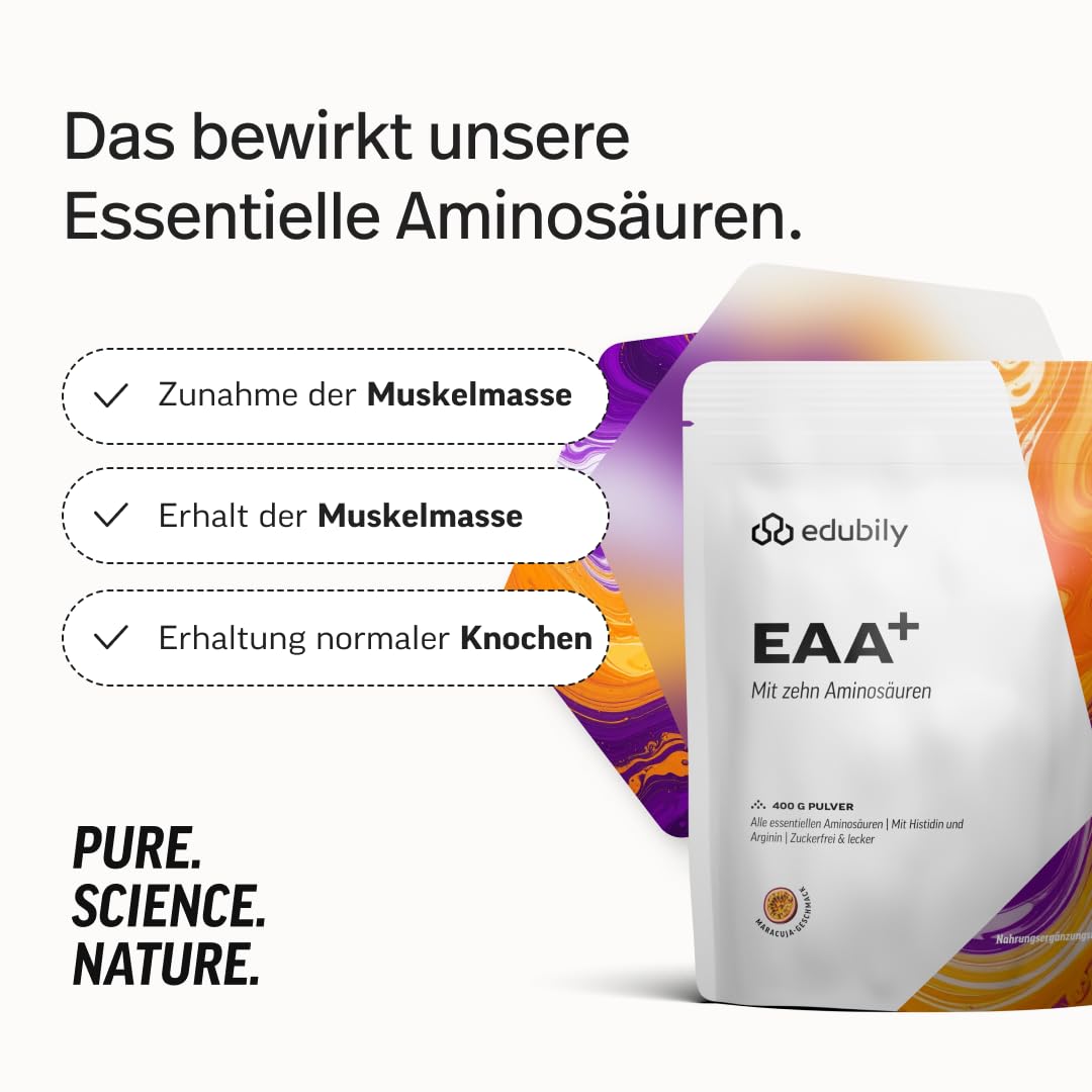 edubily® EAA Pulver, Maracuja, 400 g | 9 essentielle Aminosäuren plus Arginin, Veganer Aminosäuren Komplex, Mit Stevia gesüßt, Hochwertig
