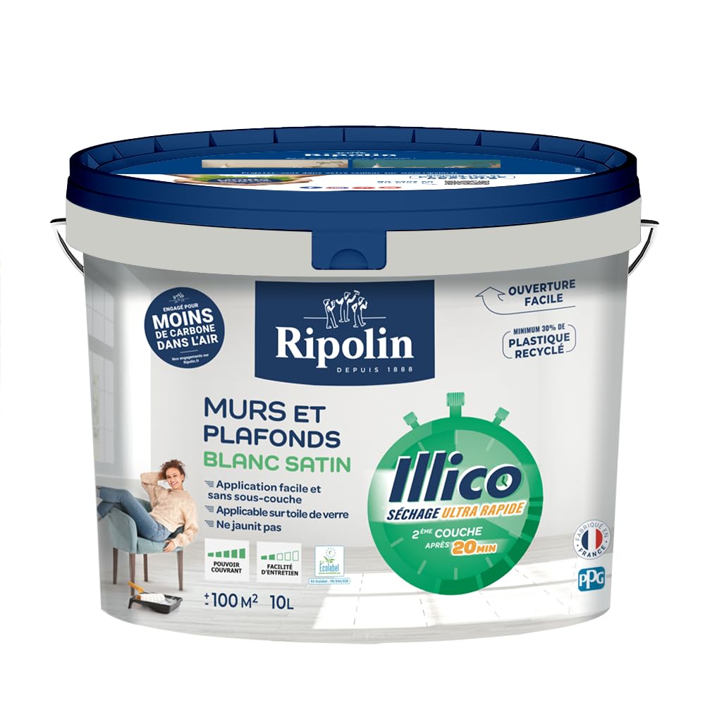 RIPOLIN - Peinture Intérieure Murs Plafonds Illico - Séchage Ultra Rapide - Acrylique - Haute Couvrance - Blanc - Satin - 10L