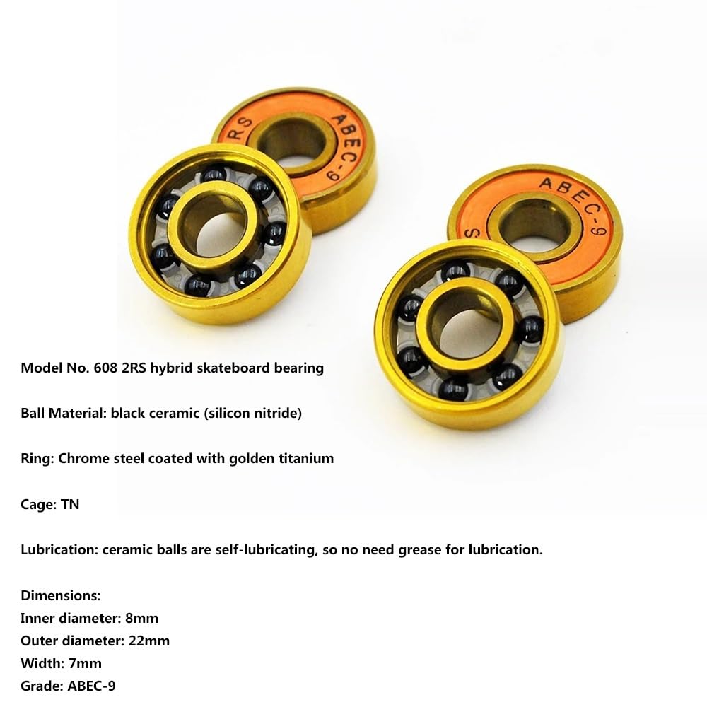 Lot de 16 roulements à billes hybrides en céramique noire 608 2RS, 8 x 22 x 7 mm, for roues de roller, skateboard, longboard, dorés