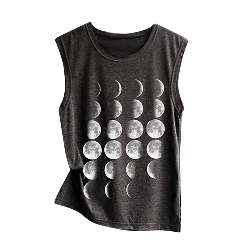 Lazzboy Women's Moon Cycle/Cat/Fox/Feather Sleeveless Round Neck Vest Loose Top