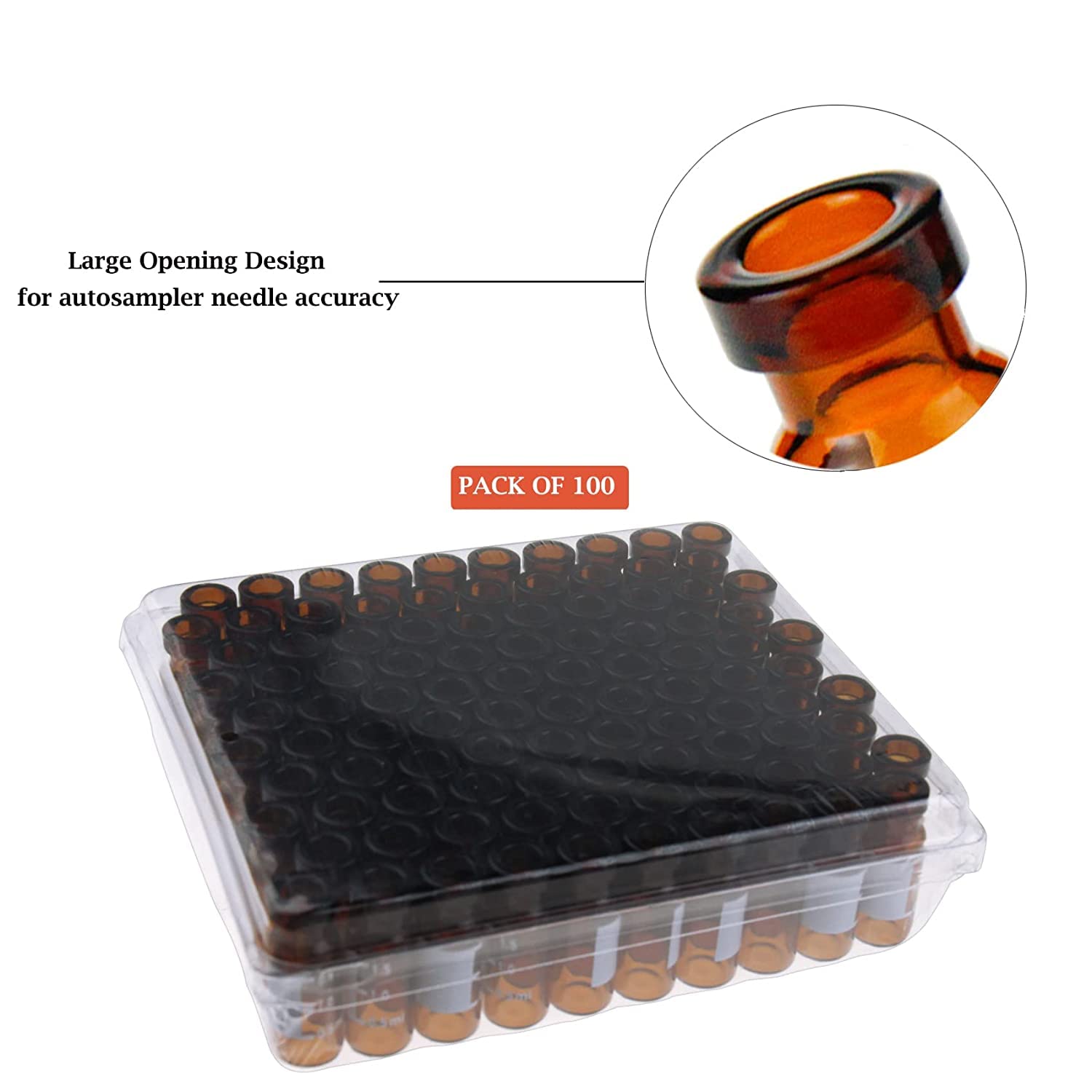 ALWSCI 100 Stücke Glasfläschchen 2mL Braunglasfläschchen Crimp Neck Vials ND11, 11mm Breite Öffnung, Offener Bördelverschluss mit Transparentem PTEF/Naturkautschuk Rot-Orange Septa