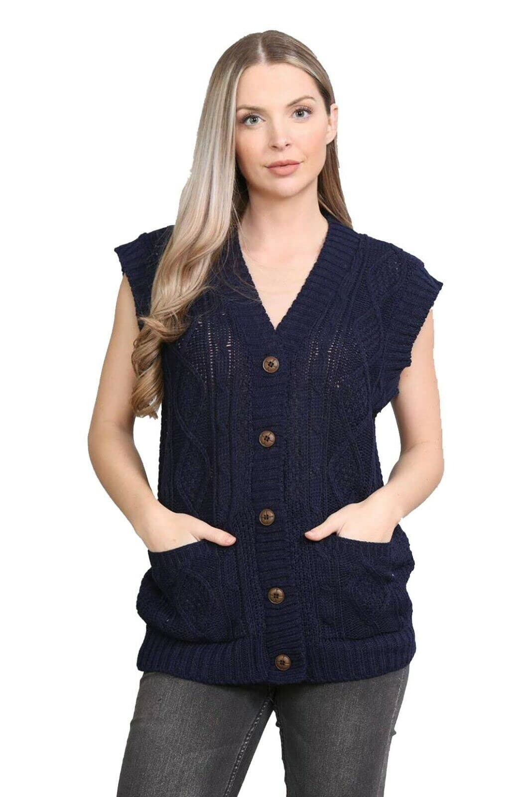 Wearall Women's Navy Sleeveless Cable Knitted Grandad Cardigan 5 Button Casual Winter Sweater Waistcoat Top Plus 20-22