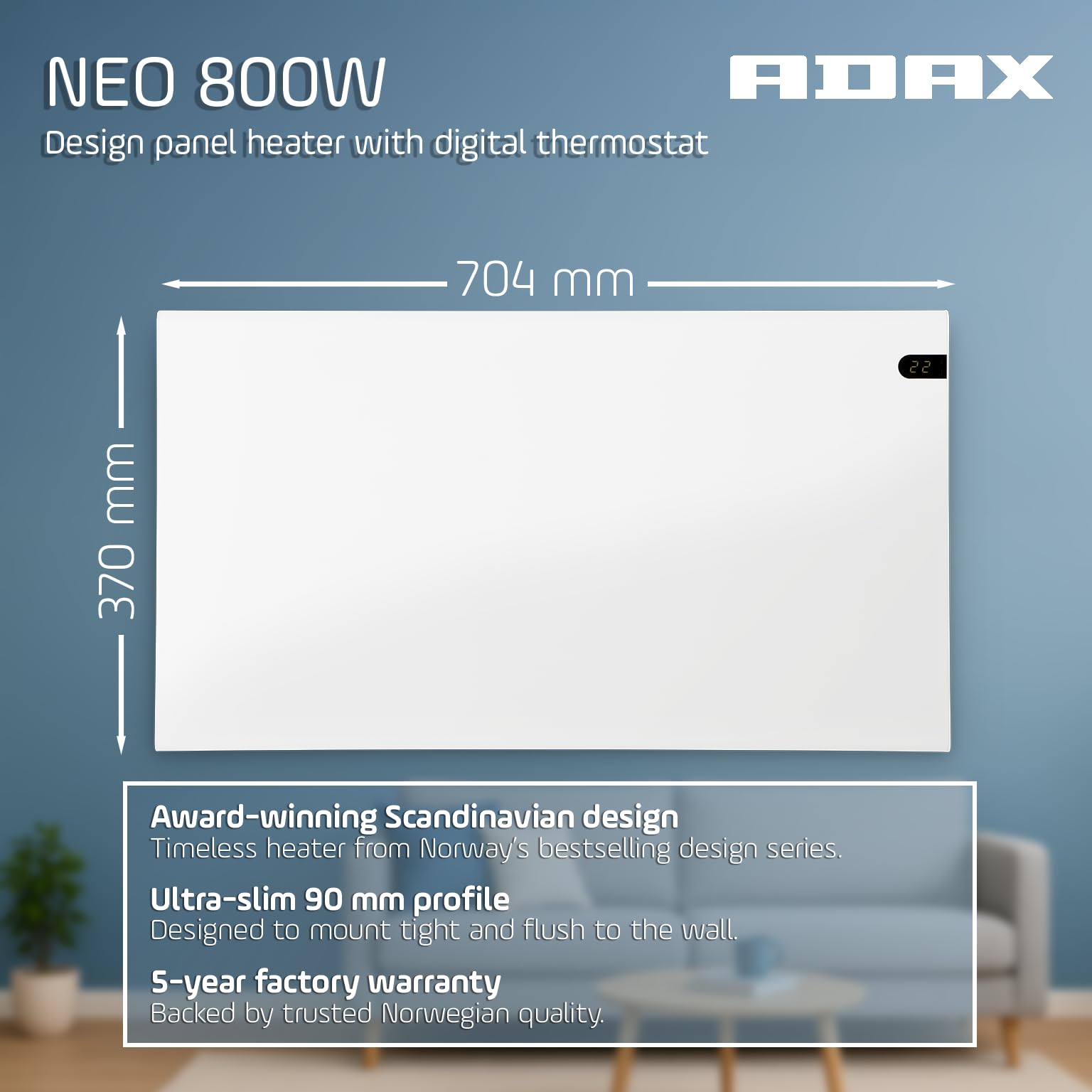 Adax Neo NP - Radiador Electrico Bajo Consumo 800W | Calefactor Bajo Consumo | Radiador eléctrico moderno | Altura 370mm | Calefactor Electrico KDT Blanco | IP20