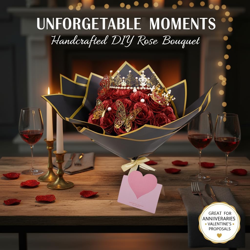 Glitter Roses Bouquet, 24 Red Artificial Roses with 2 Crowns,Pearls,Card,Paper,Ribbon,3 Butterfly,Wedding Bouquet of Flowers for Women,Valentine's Day DIY Present Set - Image 7