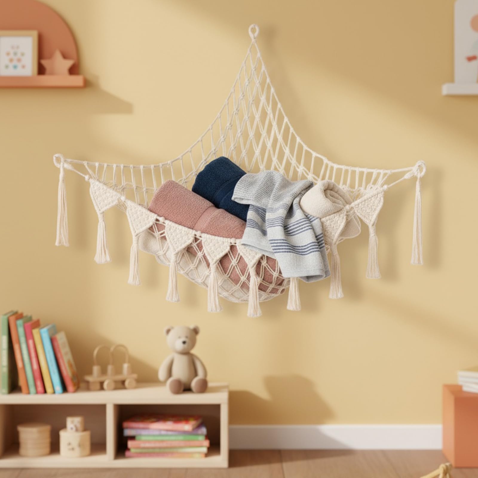 Filet de Rangement Peluches, Hamac Suspendu en Macramé, Organisateur de Peluche pour Chambre Enfant, Grande Capacité, Range Peluche à Suspendre Enfant, Blanc