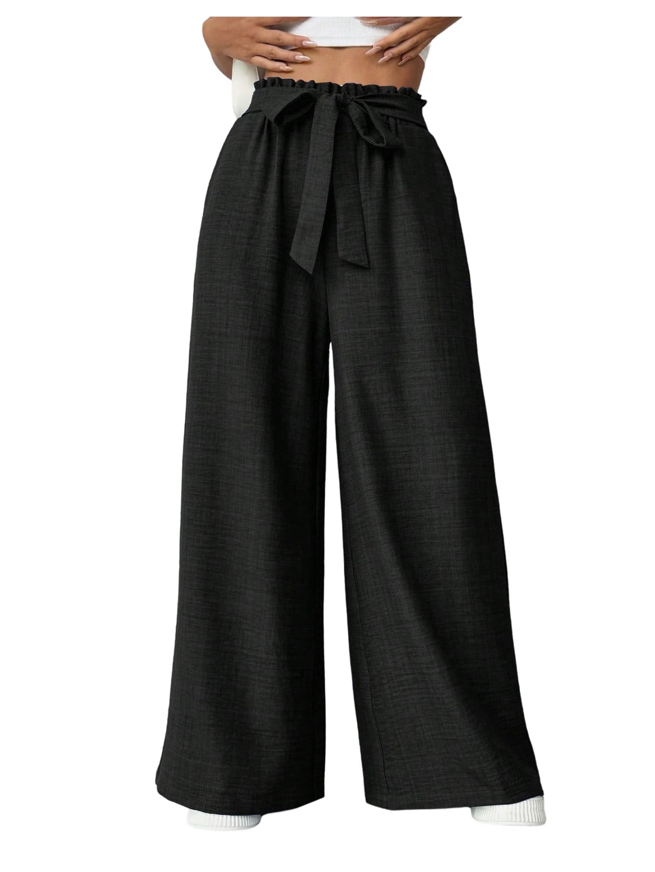 Floerns Womens Casual Wide Leg Baggy Pants Paperbag Waist Trousers with Pocket