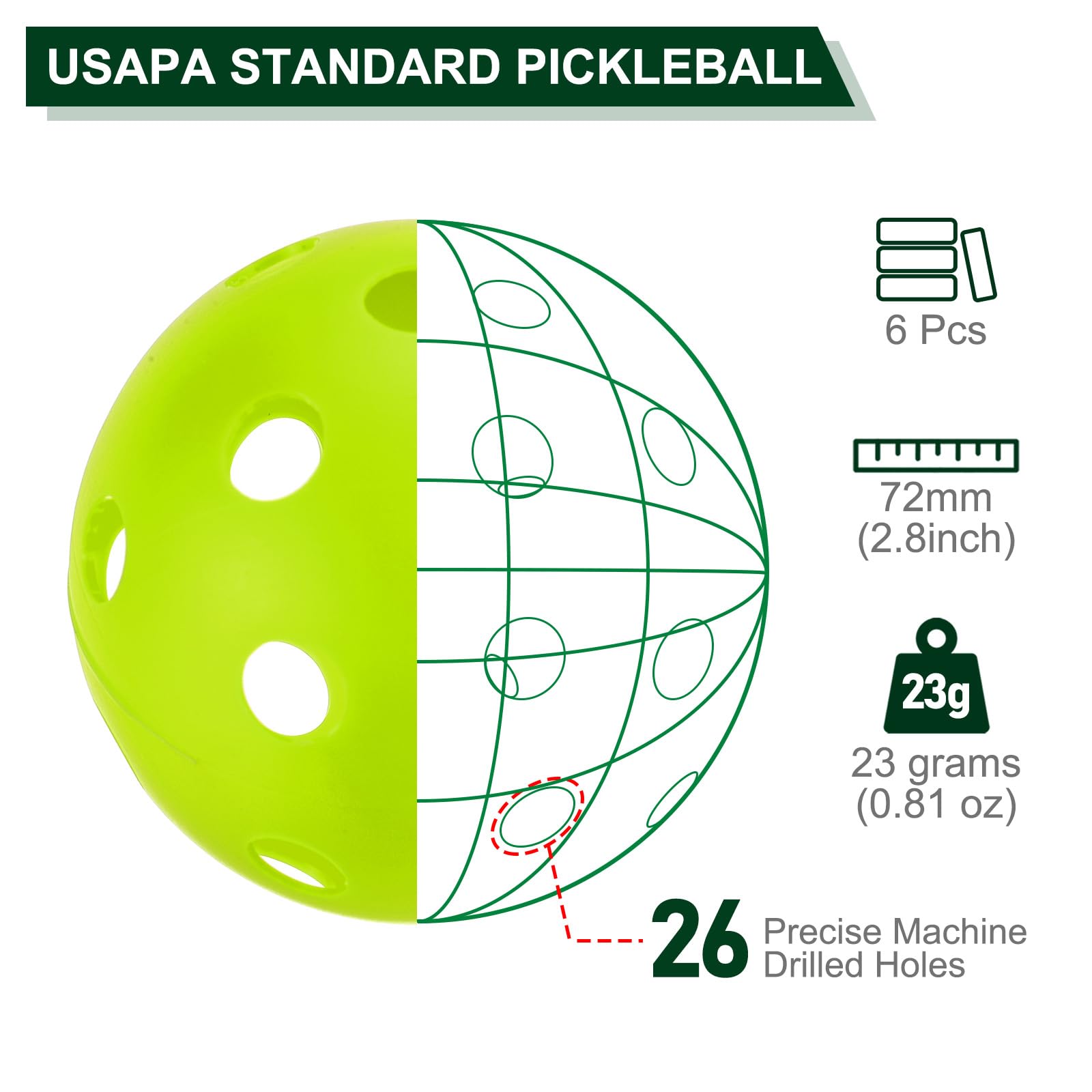 PATIKIL Outdoor Pickleball Balls 26 Holes Pickleball 6 Pack Pickleball Balls for Amateurs Indoor and Outdoor Sport Yellow Green - Image 2