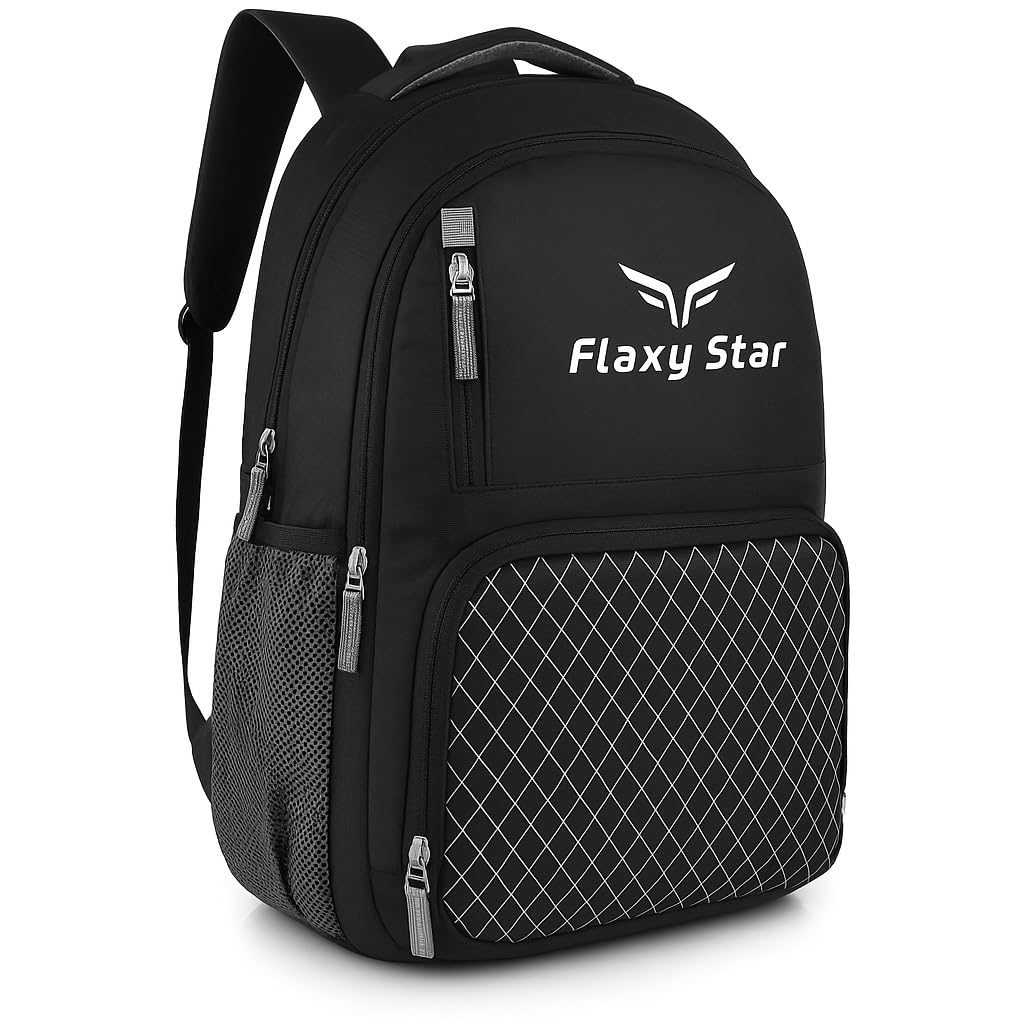 Flaxy Star Black Laptop Backpack with Diamond Pattern, Multiple Compartments-image-43