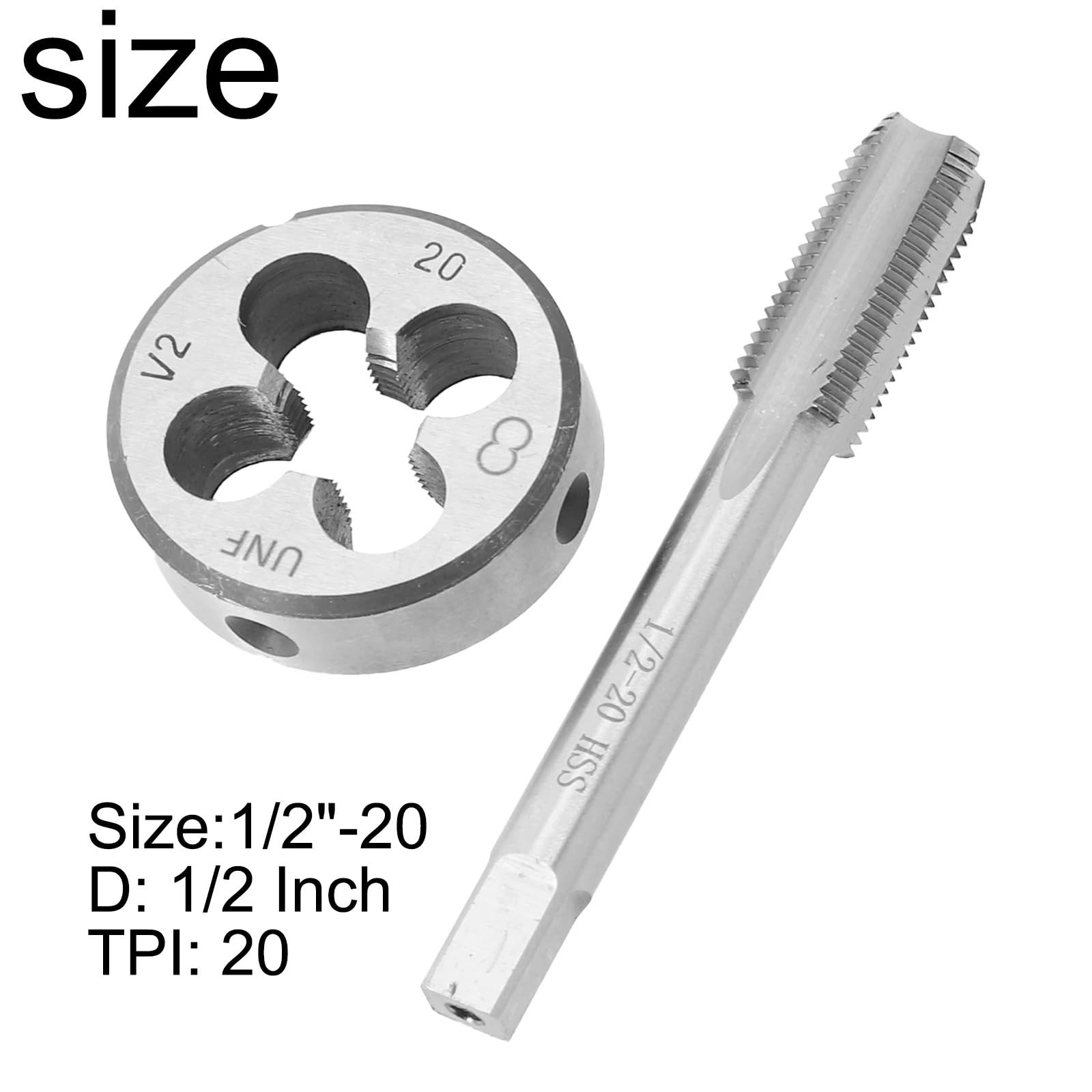 Troquel de roscar a derechas para roscar a máquina Juego de machos y terrajas HSS de roscar a la derecha de 1/2"-20 UNF, juego de machos y terrajas ideal for roscas internas de dispositivos, 1 juego