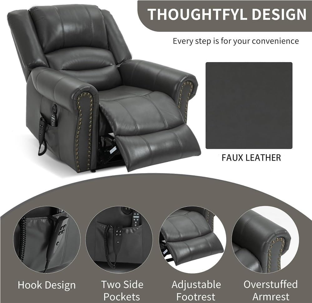 Dual Motor Lift Recliner Chair for Elderly with Heated Massage Infinite Position Lay Flat USB Ports Faux Leather Adjustable Comfortable Grey Electric Recliner