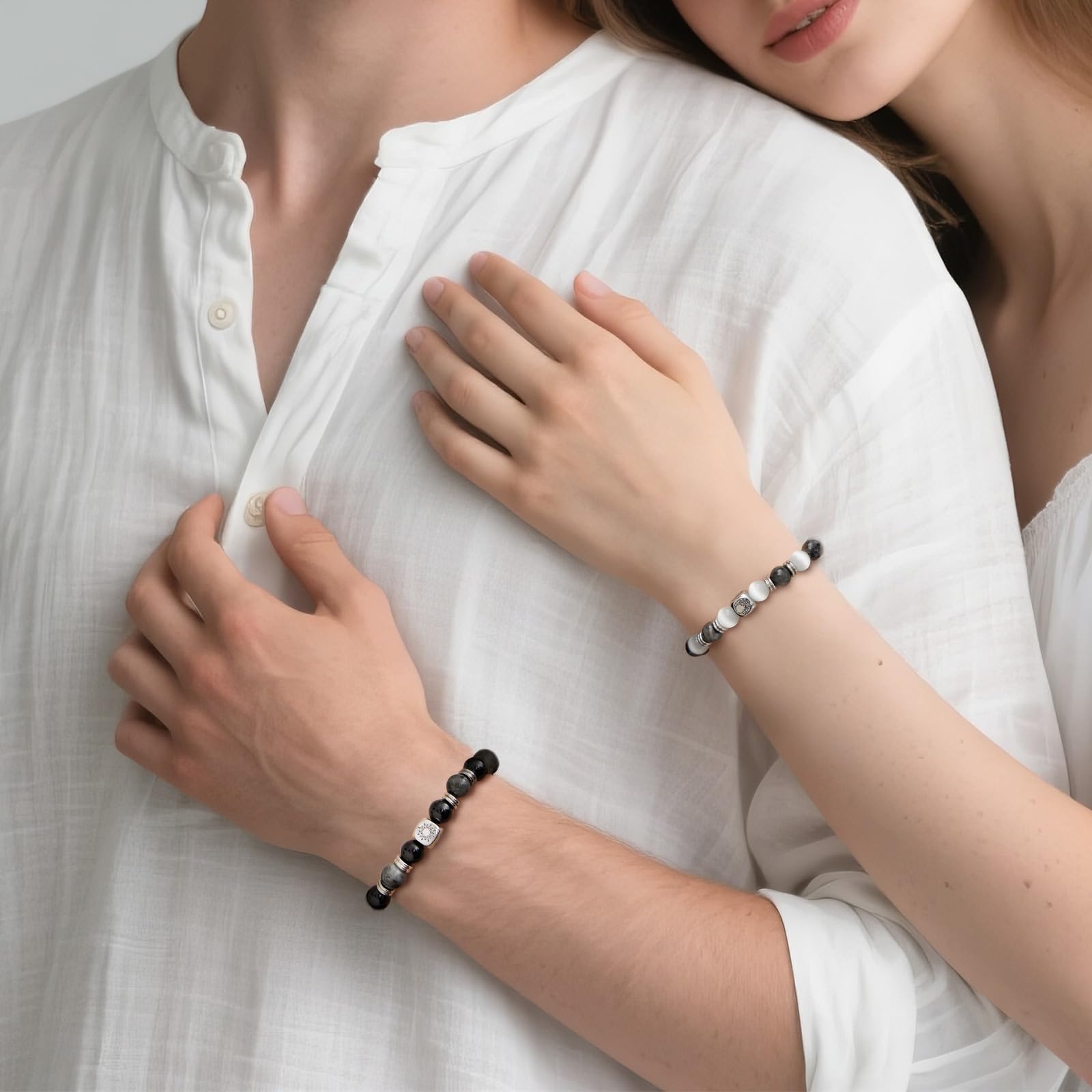 TOTWOO Elegant Beaded Bracelets for Couples - Valentines Day Gifts with Positive Meaning, Natural Stone & Stainless Steel Healing Energy Jewelry, Adjustable Sun and Moon Set, Perfect Friendship Gifts