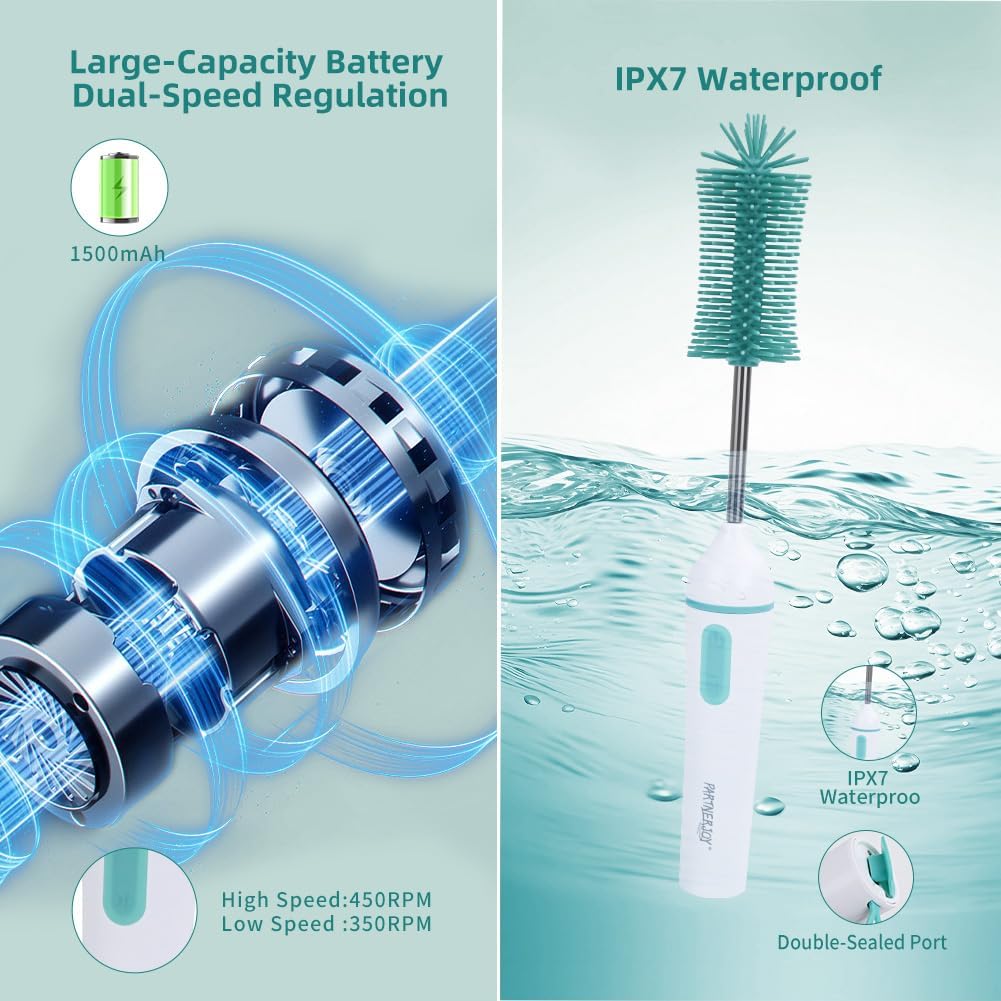 Electric Bottle Brush Cleaner,6-in-1 Portable Electric Baby Bottle Brush Cleaner for Travel, Rechargable Travel Bottle Cleaner Kit with Nipple & Straw Brush,Ideal Gift for Parents & Babies - Image 6