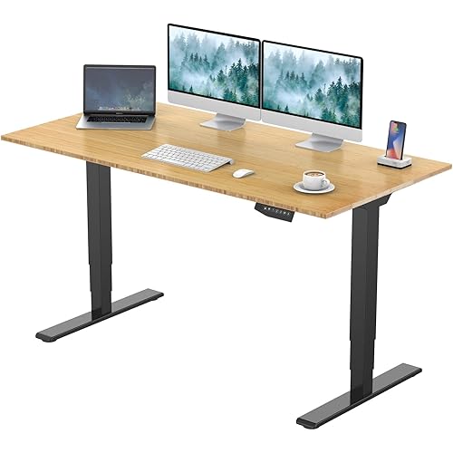 Standing Desk with Dual Motor, 3-Stage Lifting Column, Handset with 3 Preset and Sit-Stand Reminder - 60 inch Whole Piece Real Bamboo Desk/Black Frame, Height Adjustable Desk for Home and Office