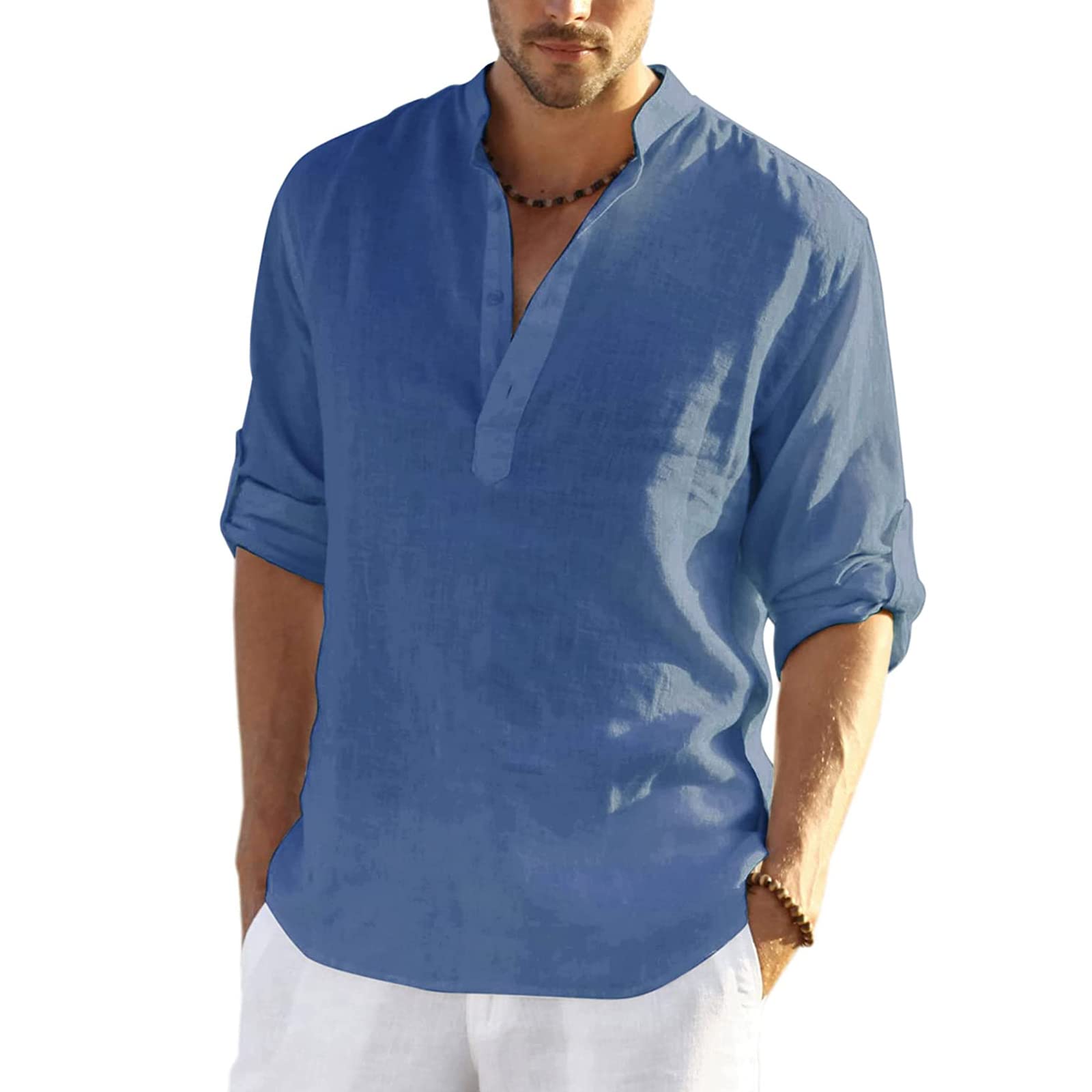 XIXIMAON Hombre Camisa Informal de Lino y Algodón Blusa Casual de Manga Larga Camiseta Suelta de Ocio con Cuello Henley Camisa de Color Sólido para Primavera Verano Otoño