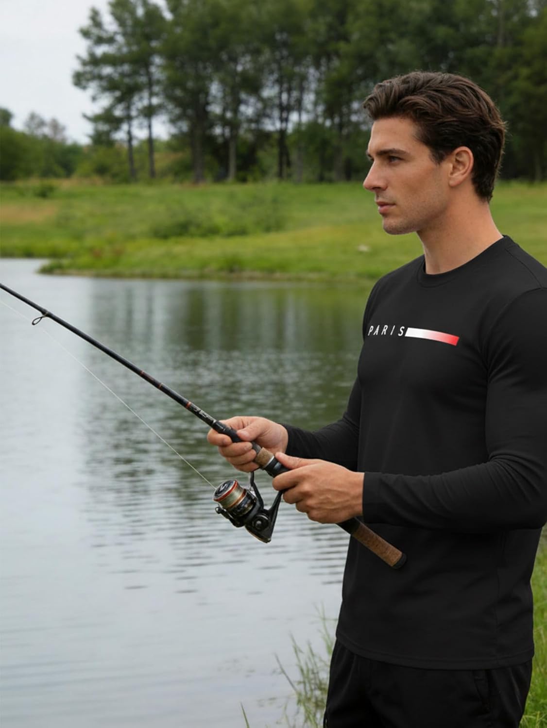 Men's Long Sleeve Paris Print Shirts, Moisture Wicking Quick Dry Stretch Workout Tee, 3 Pack, Casual Running Fishing Sports