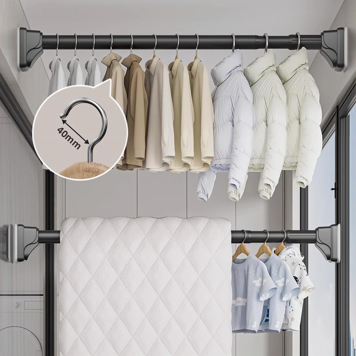 1 Barre Extensible à Rideau 240-310CM 330-400CM, Tringle à rideau télescopique extensible Sans Percage pour salle de bain, placard et jardin, Ø32mm(Noir,330-400cm)
