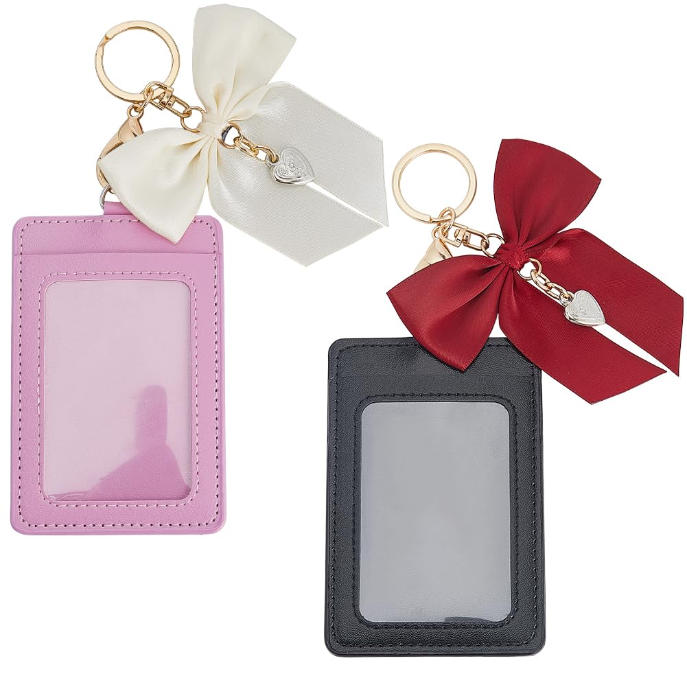 CALFOVERA 2 Sets PU Leather Photocard Holder with Ribbon Bow Keychain Portable Bowknot Charm Pendant Keyring Badge Card Holders Waterproof Leather Protective Photocard Display Case for ID Bus Card