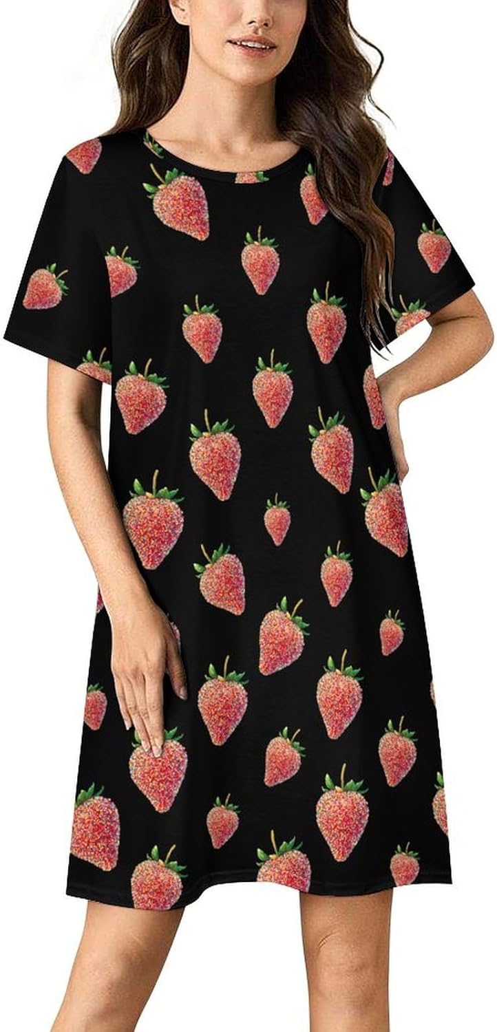Strawberry Colorful Sprink Nightgowns for Women Short Sleeve Sleep Dress Casual Sleepshirt Night Gowns Pajamas