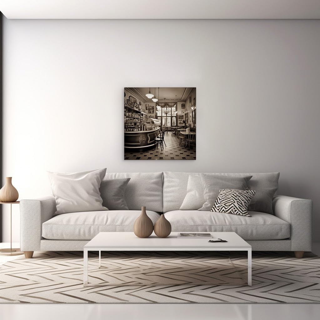 Canvas for Living room. Stepping Back in Time: Elegance and Solitude in a Vintage Black and White Cafe, 27 x 18 inch Canvas Wall Art - Contemporary Masterpieces - Retro Home Decor
