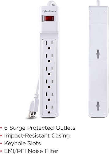 Miniatura 4 de CyberPower CSB606W - Protector de sobretensiones esencial, 900J125V, 6 tomas, cable de alimentación de 6 pies