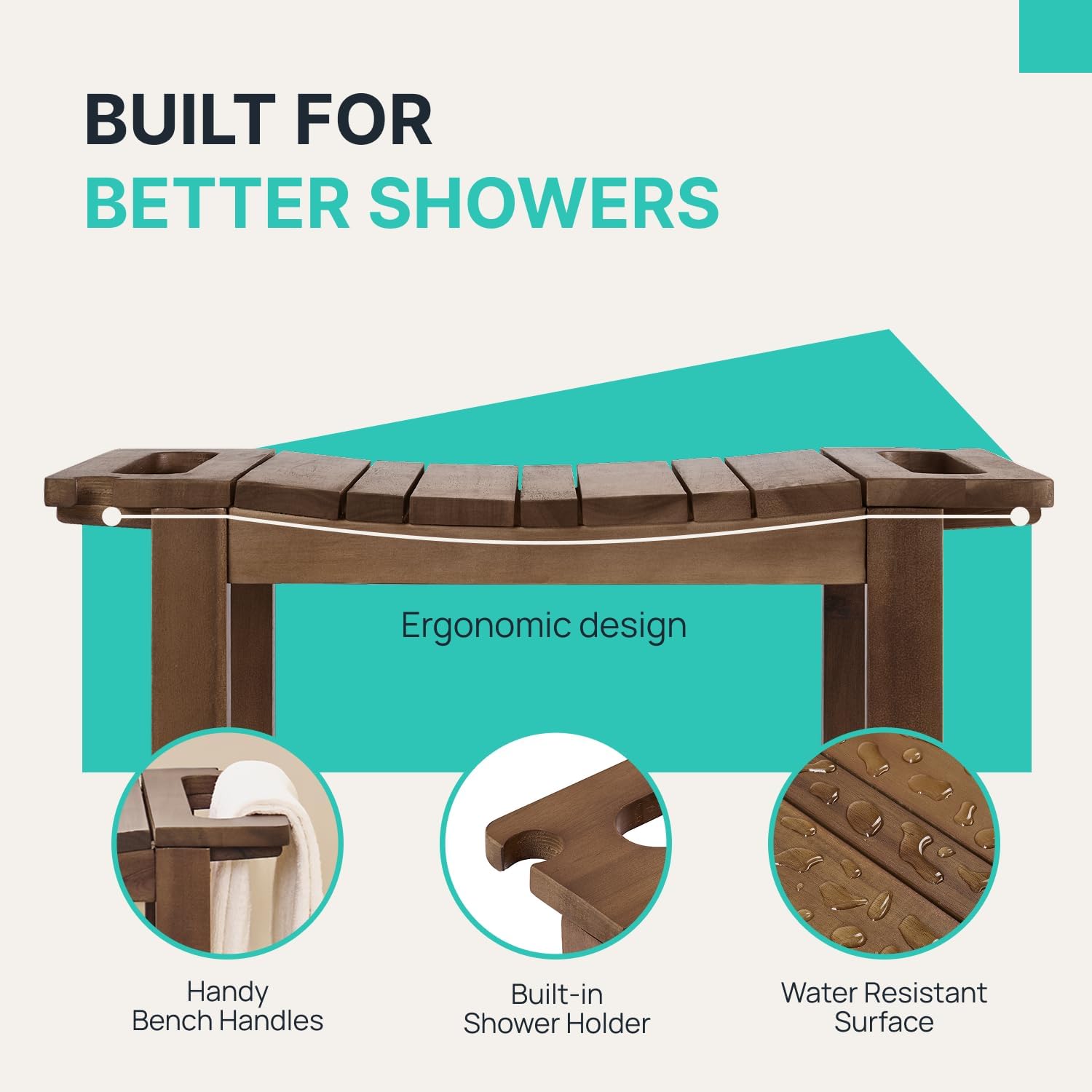 AVLORA Design 21" Premium Shower Bench with Built-in Handles - Walnut image 5