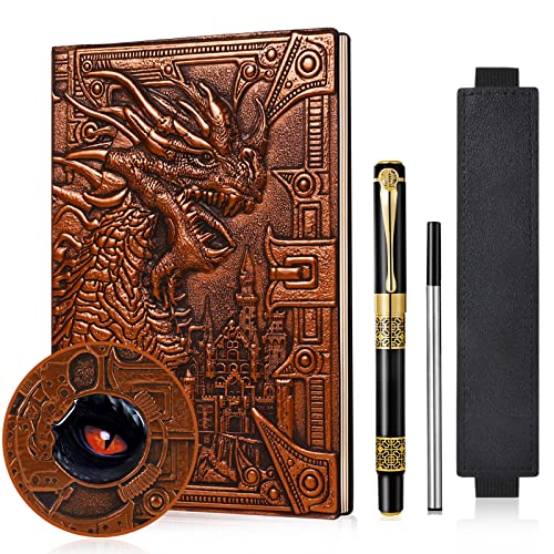 JiaoJiRen DND Dragon Notebook 3D Embossed Leather Journal A5 Vintage Travel Journal with Pen&Pen...