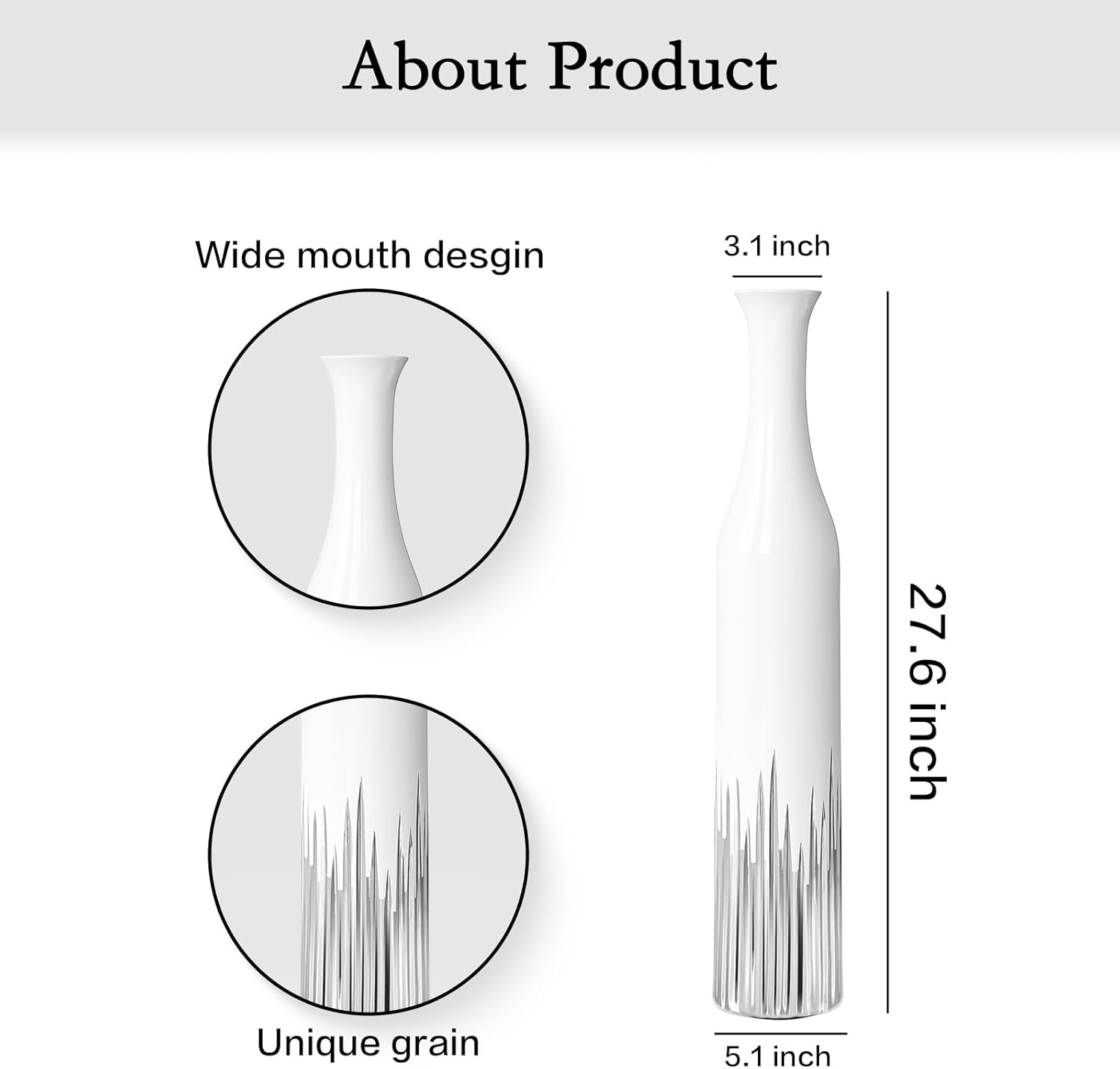 27.5 Inch White Floor Vase – Silver Geometric Tooth Pattern, Cylindrical Decorative Tall Vases for Modern Home, Wedding, Entryway – Resin Tall Floor Vase