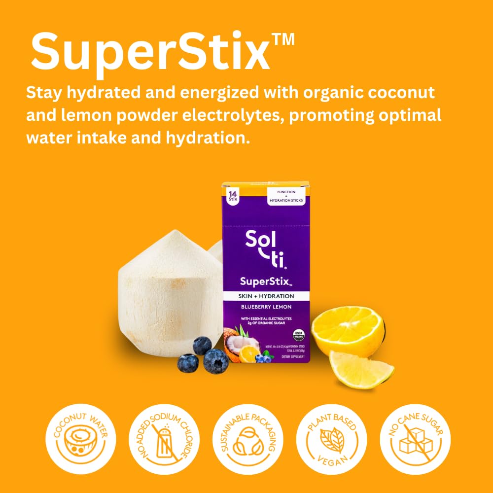 Sol-ti Organic Electrolyte Skin + Hydration Powder Drink Mix, Superfood Hydration Powder Sticks, SuperStix, Non-GMO, Vegan, Blueberry Lemon, 14 Single-Serving Sticks