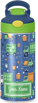 Personalized Water Bottles for Kids Construction Garbage Trucks Custom Name Insulated Stainless Steel Water Bottles for Boys Girls Toddlers 12oz