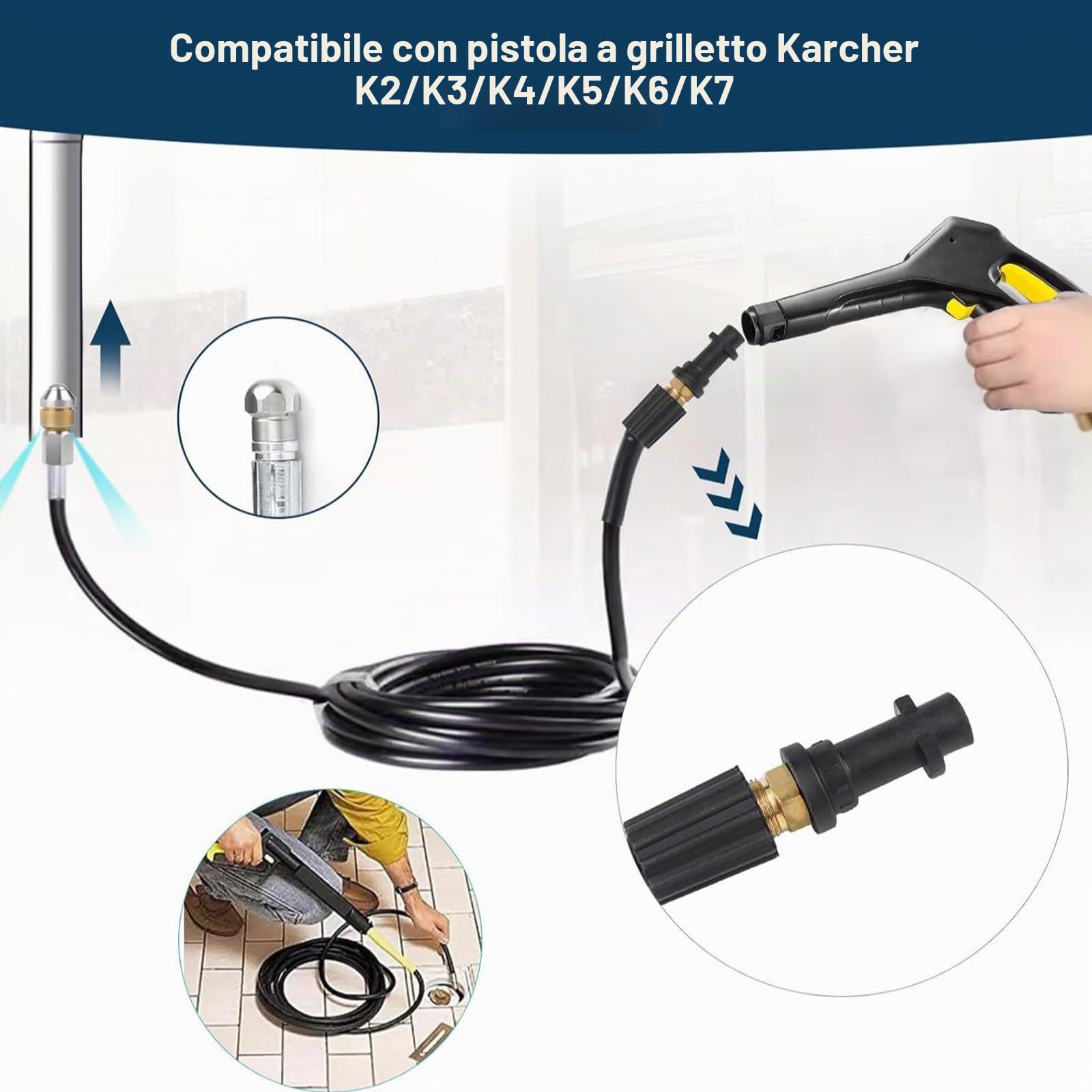 Tubo di sbocco 15 m per tubo con 3 adattatori e 2 ugelli | Tubo flessibile ad alta pressione per Karcher e Lavor, pulitore antitappo, adatto per canalizzazioni, condotti e scarichi