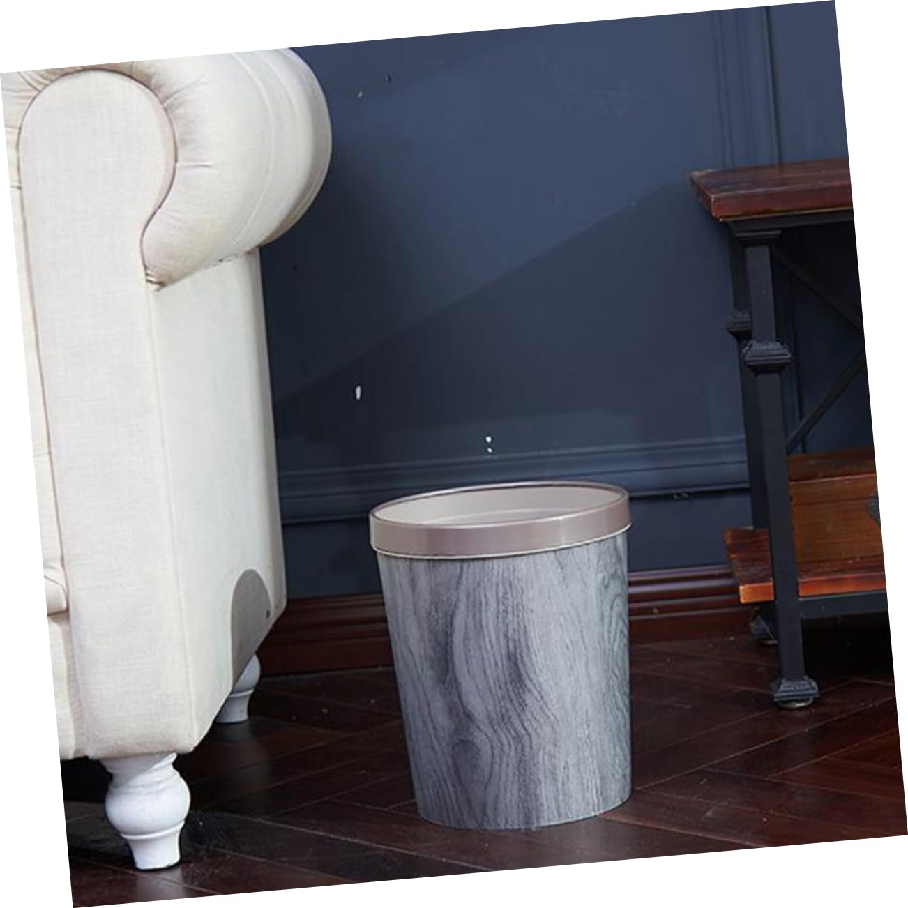 Zerodeko Round Trash Can Imitation Wood Grain Design for Home Office and Bathroom Organization Storage Silver Gray