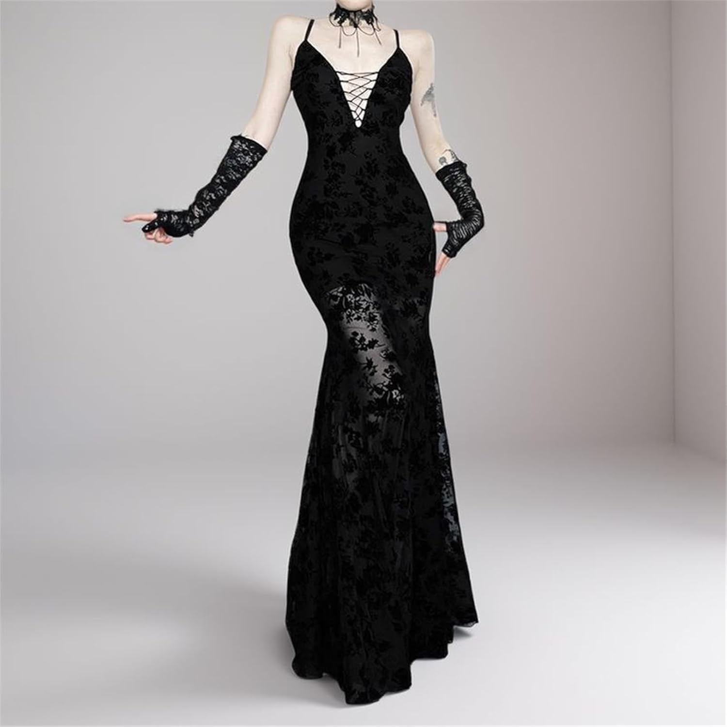 Women Witchy Cami Deep V Neck Long Maxi Dress - Goth See Through Floral Open Back Medieval, Business Vacation