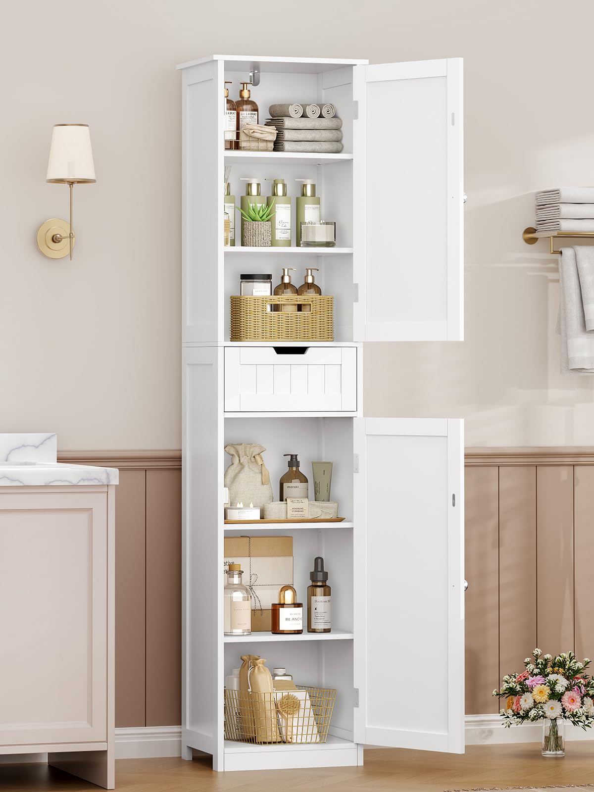 TEENFON Badezimmerschrank Schmal mit voller 40 cm Breite，Badschrank mit 2 Türen und 1 Schublade, Hochschrank mit Verstellbaren Regalen für Badezimmer, Wohnzimmer, Flur, Küche, 40x30x170 cm, Weiß
