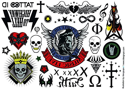 Tatouage Temporaire Ephemere Homme Bad Boy Rock Tête De Mort Croix Ailes Coeur Tattoo Id Hypoallergénique Fabriqué En France 2 Planches Identiques