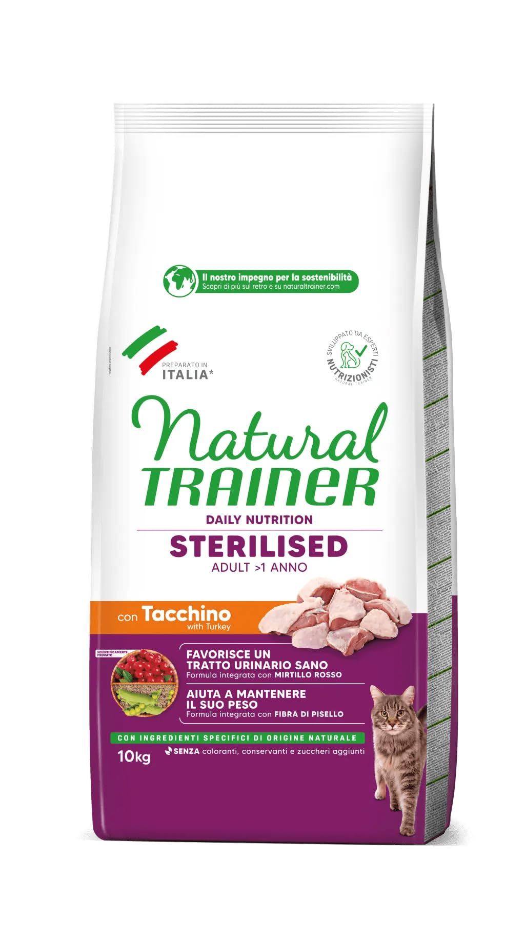 Natural Trainer per Gatti Cibo Secco Daily Nutrition Sterilised Adul con Tacchino, Mirtillo Rosso e Fibre di Pisello 10 KG