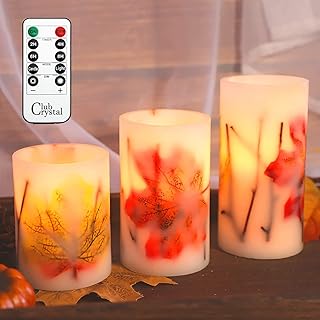 CRYSTAL CLUB Flameless Candles, Battery-Operated Fall LED Candles with Remote and Timer, Autumn Theme Pillar Candle Embedded with Maple Leaves for Fall Party Decorations, Holiday Décor