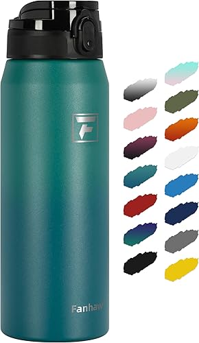Fanhaw Botella de agua de acero inoxidable aislada de 24 onzas con tapa para beber, a prueba de fugas y sudor, con tapa antipolvo (verde azul)