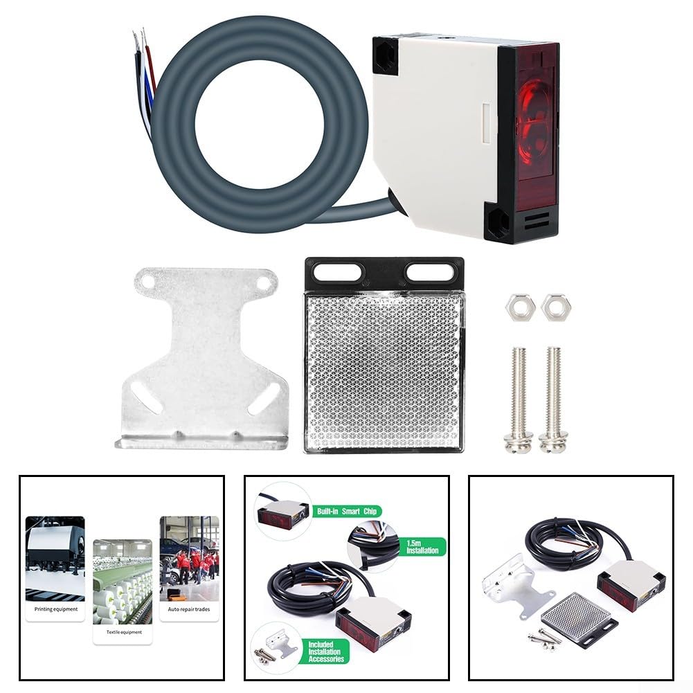 Fotodioden-Schalter mit Reflektor für E3JK-R4M1, 12-24 VDC Lichtschranke einstellbar bis 4 m, Infrarot-Sensor mit LED-Anzeige für Industrie und Logistik, 2 Stück Schwarz Weiß