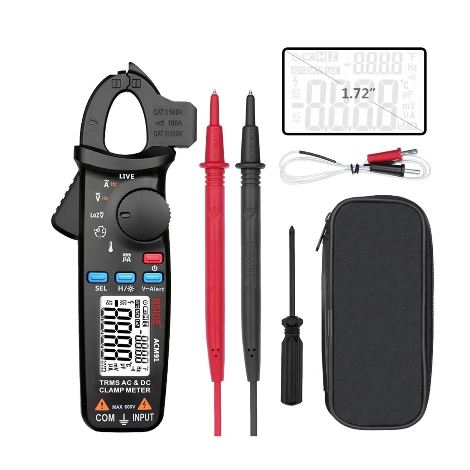 Digital Clamp Meter Current Professional AC/DC Auto Car Repair TRMS Multimeter Live Check NCV Capacitor Election Tester(ACM91(Black))