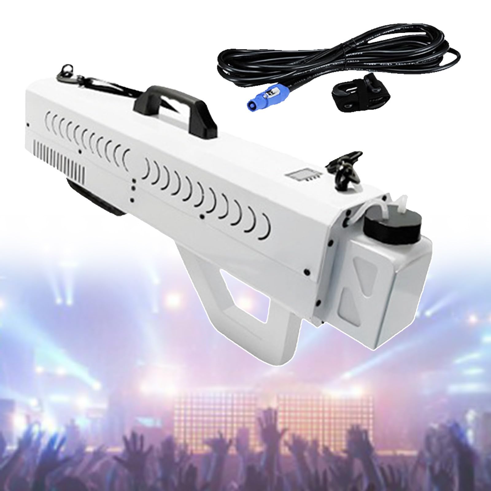 Pistola de humo de mano para fiestas, máquina de humo con luz LED, potencia de 1500 W, 7 efectos de pulverización de color, volumen de humo ajustable, distancia de pulverización de 8 a 10 metros