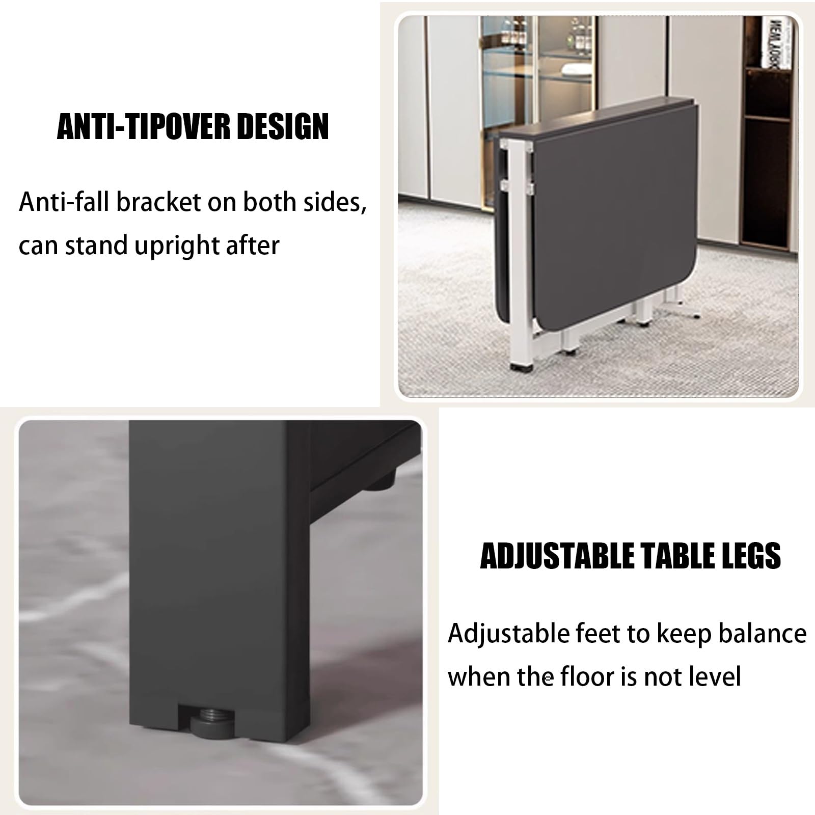 Table de Salle à Manger Moderne et Pliable - Pieds réglables - Design rectangulaire Extensible et Peu encombrant - Portable pour la Maison, Le Bureau et Le Camping (Gris et Noir 12