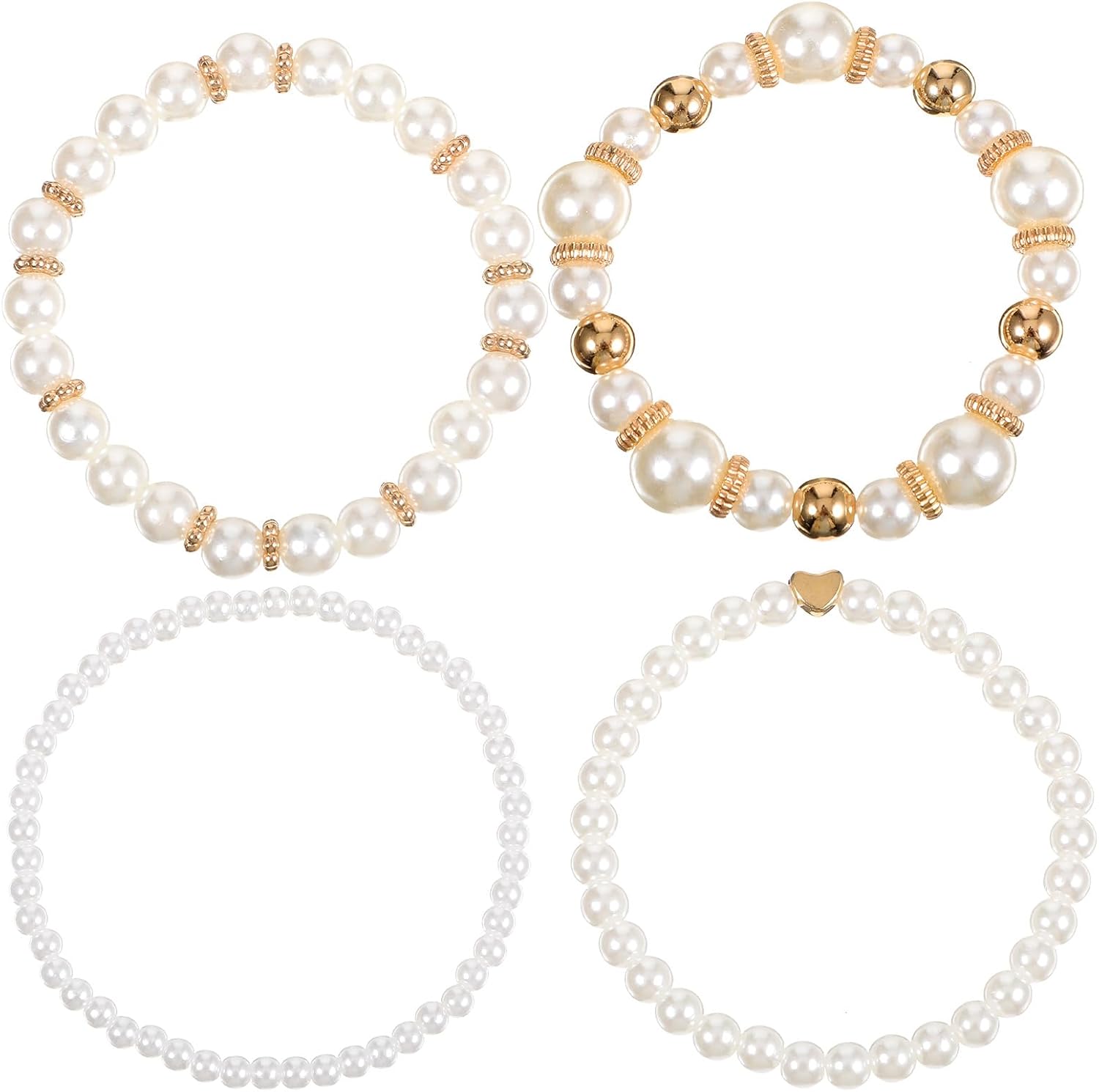 4 PCS Pearl Bracelets for Women, White & Gold Chunky Simulated Pearl Stackable Stretch Bracelet Set Multilayered Stretch Bead Ball Bracelet Jewelry Gifts for Women Bridesmaid Bridal Jewelry