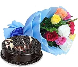 EG2i 10 Mixed Color Roses, Blue Paper Wrapping, Blue Ribbon Bow, 500gm Chocolate Truffle Cake Free Knife, Gifts for Birthday, Anniversary, Love, Valentine's Day, Girlfriend/Boyfriend SameDay Delivery