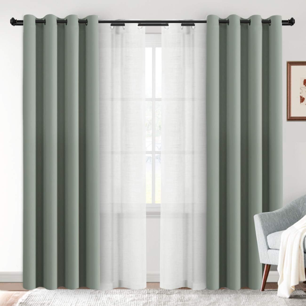 H.VERSAILTEX Linen Sheer Curtains and Blackout Room Darkening Curtains Bundle