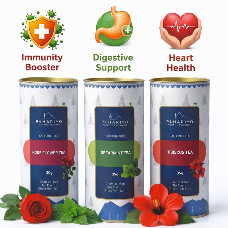 Image of PAHARIYO Rose 30G, Spearmint 35G, Hibiscus 35G, Stainless Steel Tea Ball Infuser 4 In 1 Combo Pack | Immunity Booster | Reduce Anxiety | Flower And Dried Leaf Based Herbal | Pack Of 4