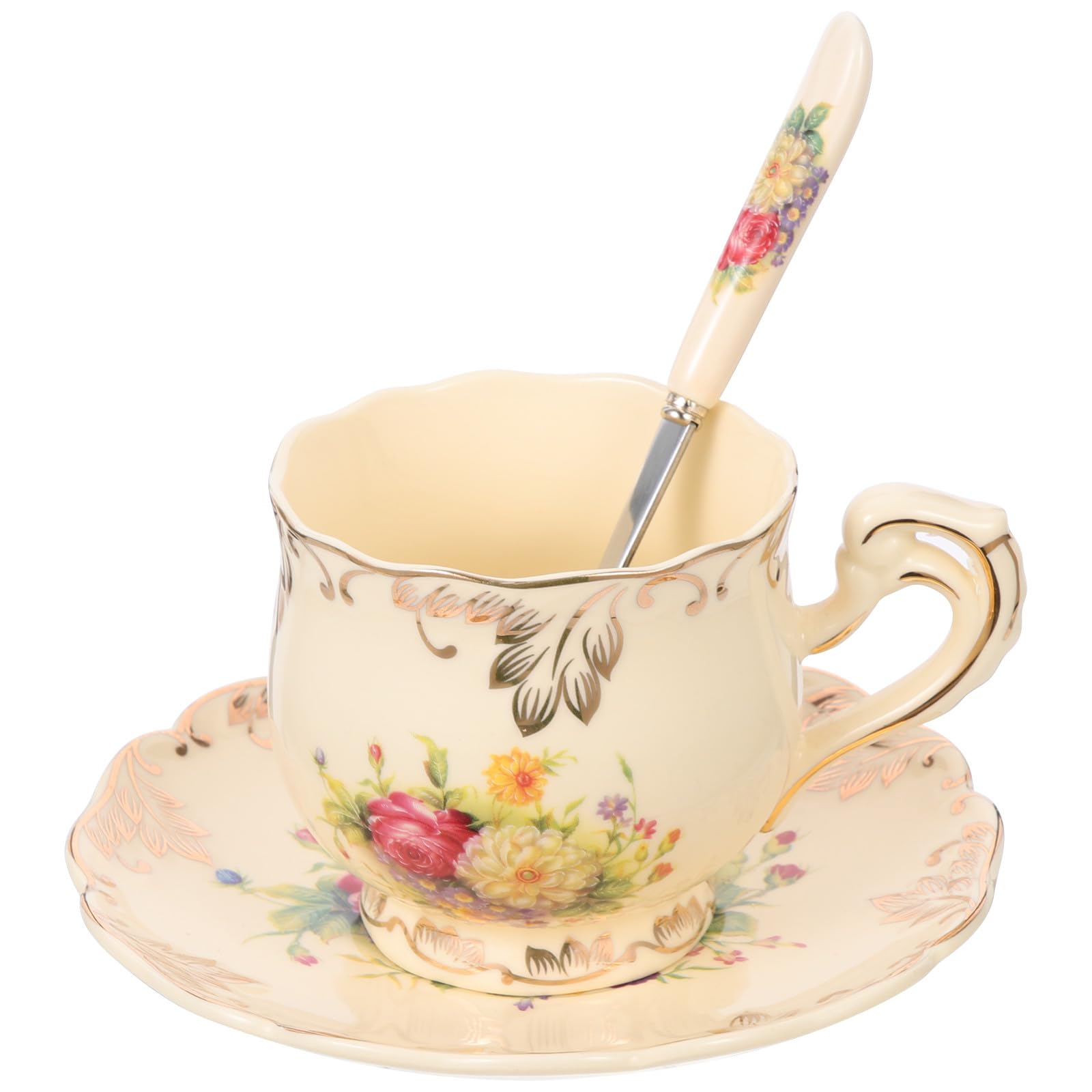 Ipetboom Juego de Taza de Té y Platillo de Cerámica y Acero Inoxidable de 250ml, Diseño Retro y Práctico para Festival y Conmemoración Festiva
